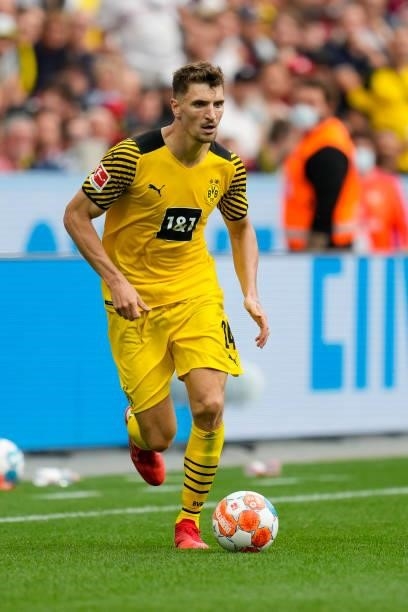 September 11: Thomas Meunier of Borussia Dortmund controls the ball during the Bundesliga match between Bayer 04 Leverkusen and Borussia Dortmund at...