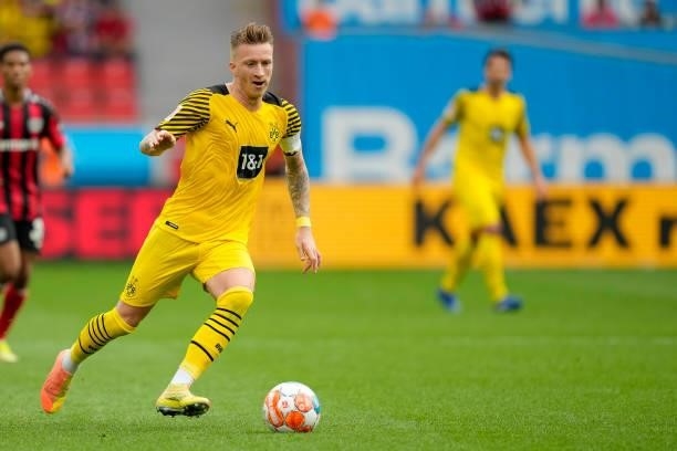 September 11: Marco Reus of Borussia Dortmund controls the ball during the Bundesliga match between Bayer 04 Leverkusen and Borussia Dortmund at...