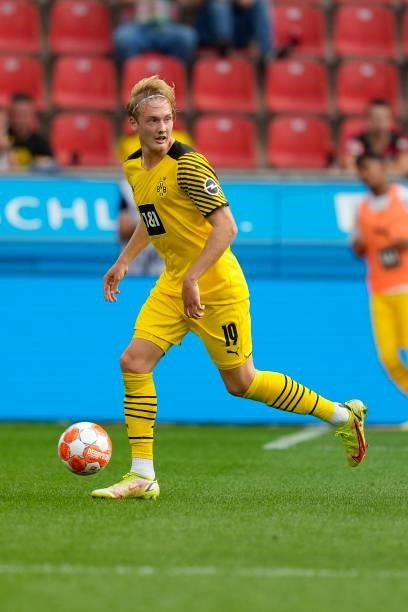 September 11: Julian Brandt of Borussia Dortmund controls the ball during the Bundesliga match between Bayer 04 Leverkusen and Borussia Dortmund at...