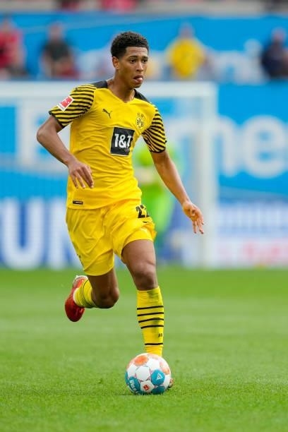 September 11: Jude Bellingham of Borussia Dortmund controls the ball during the Bundesliga match between Bayer 04 Leverkusen and Borussia Dortmund at...