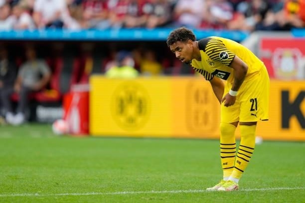 September 11: Donyell Malen of Borussia Dortmund looks on during the Bundesliga match between Bayer 04 Leverkusen and Borussia Dortmund at BayArena...
