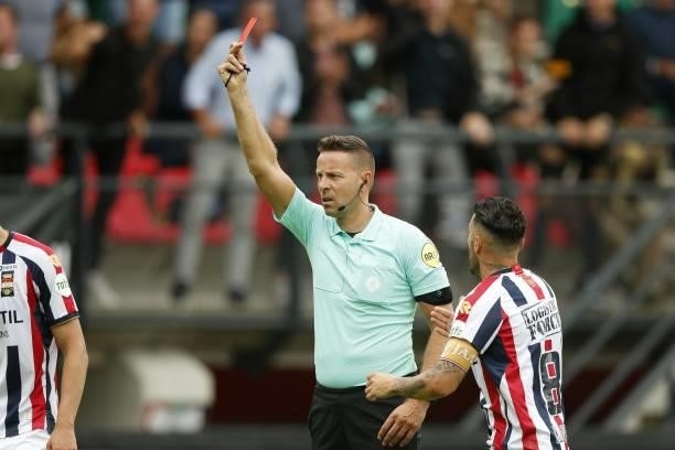 Referee Pol van Boekel, Pol Llonch or Willem II during the Dutch Eredivisie match between NEC and Willem II at De Goffert on September 12, 2021 in...