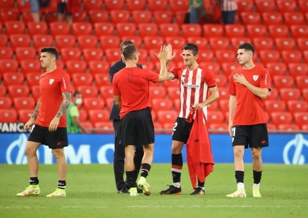 Of Athletic Bilbao celebrate after winning the LaLiga Santander match between Athletic Club and RCD Mallorca at San Mames Stadium on September 11,...
