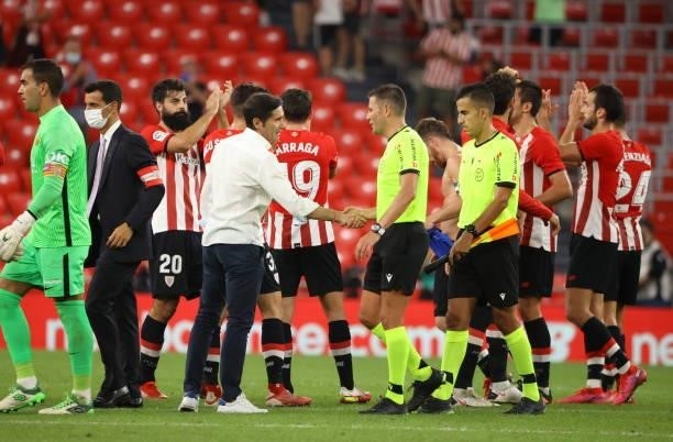 Head coach Marcelino of Athletic Bilbao celebrate after winning the LaLiga Santander match between Athletic Club and RCD Mallorca at San Mames...