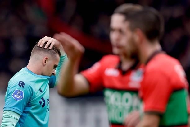 Jorn Brondeel of Willem II leaves the pitch after a red card during the Dutch Eredivisie match between NEC Nijmegen v Willem II at the Goffert...