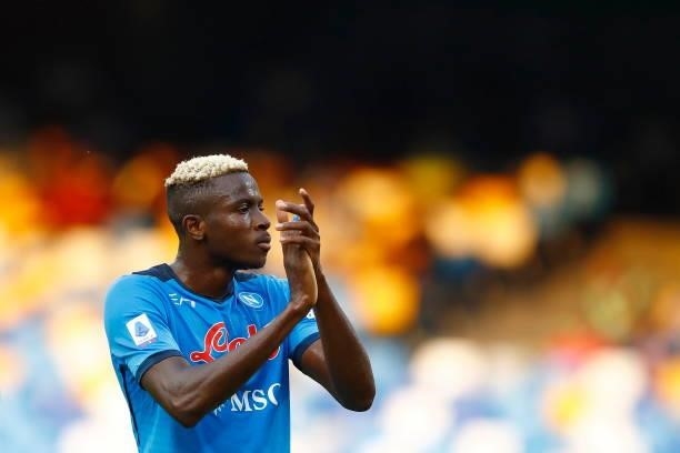 Victor Osimhen of SSC Napoli gestures during the Serie A match between SSC Napoli and Juventus FC at Stadio Diego Armando Maradona on September 11,...