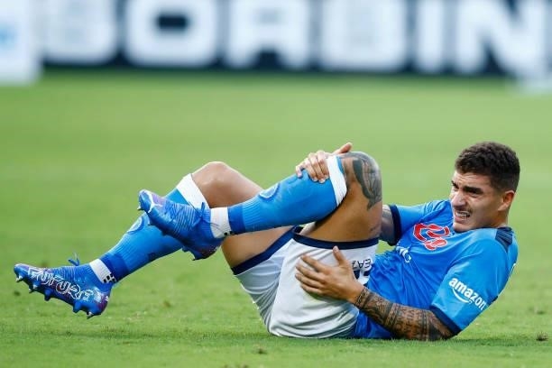 Giovanni Di Lorenzo of SSC Napoli lies on the ground during the Serie A match between SSC Napoli and Juventus FC at Stadio Diego Armando Maradona on...