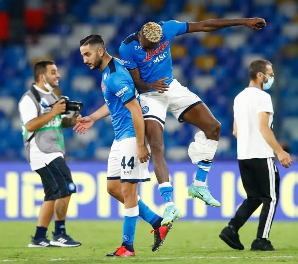Victor Osimhen of SSC Napoli and Kostantinos Manolas of SSC Napoli celebrate after winning the Serie A match between SSC Napoli and Juventus FC at...