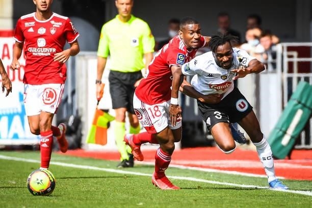 Ronael PIERRE GABRIEL of Brest and Souleyman DOUMBIA of Angers during the Ligue 1 Uber Eats match between Brest and Angers at Stade Francis Le Ble on...