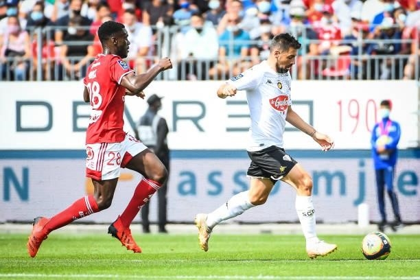 Hianga'a MANANGA MBOCK of Brest and Thomas MANGANI of Angers during the Ligue 1 Uber Eats match between Brest and Angers at Stade Francis Le Ble on...