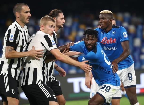 Matthijs De Ligt of Juventus competes for the ball with Frank Anguissa of Napoli during the Serie A match between SSC Napoli and Juventus at Stadio...