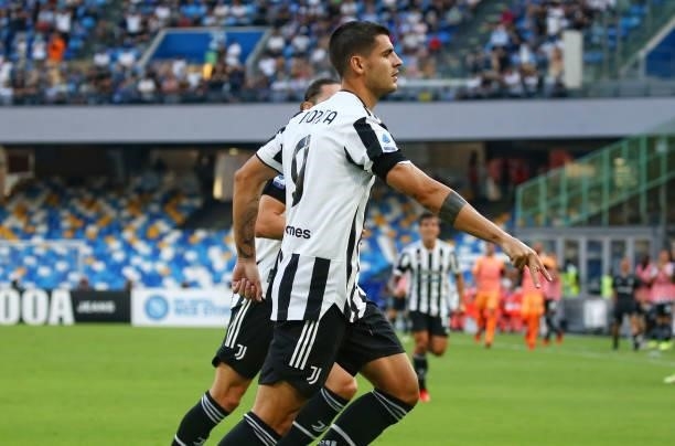 Alvaro Morata of Juventus celebrates after scoring his team's opening goal during the Serie A match between SSC Napoli and Juventus at Stadio Diego...