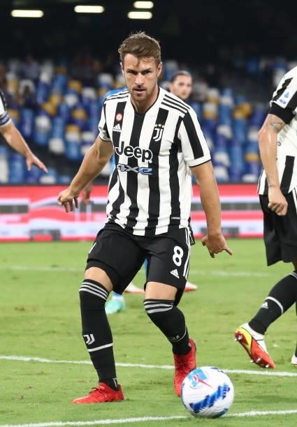 Aaron Ramsey of Juventus in action during the Serie A match between SSC Napoli and Juventus at Stadio Diego Armando Maradona on September 11, 2021 in...
