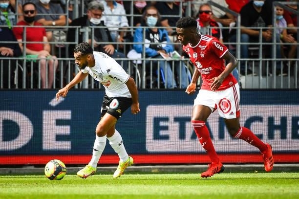 Sofiane BOUFAL of Angers and Hianga'a MANANGA MBOCK of Brest during the Ligue 1 Uber Eats match between Brest and Angers at Stade Francis Le Ble on...
