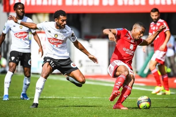 Angelo FULGINI of Angers and Ronael PIERRE GABRIEL of Brest during the Ligue 1 Uber Eats match between Brest and Angers at Stade Francis Le Ble on...