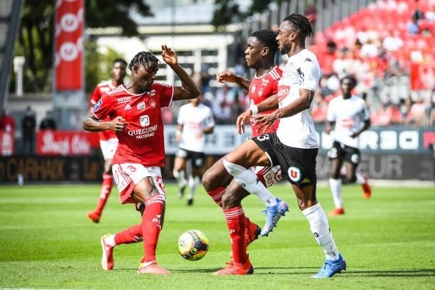 Lilian BRASSIER of Brest, Lucien AGOUME of Brest and Souleyman DOUMBIA of Angers during the Ligue 1 Uber Eats match between Brest and Angers at Stade...