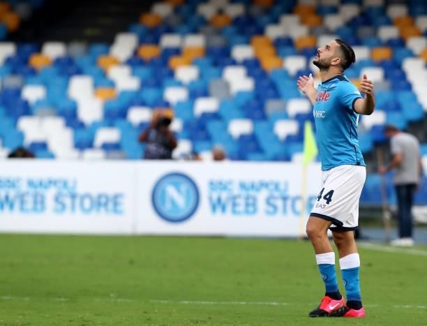 Kostantinos Manolas of Napoli pray prior the Serie A match between SSC Napoli and Juventus at Stadio Diego Armando Maradona on September 11, 2021 in...
