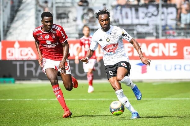 Lucien AGOUME of Brest and Souleyman DOUMBIA of Angers during the Ligue 1 Uber Eats match between Brest and Angers at Stade Francis Le Ble on...