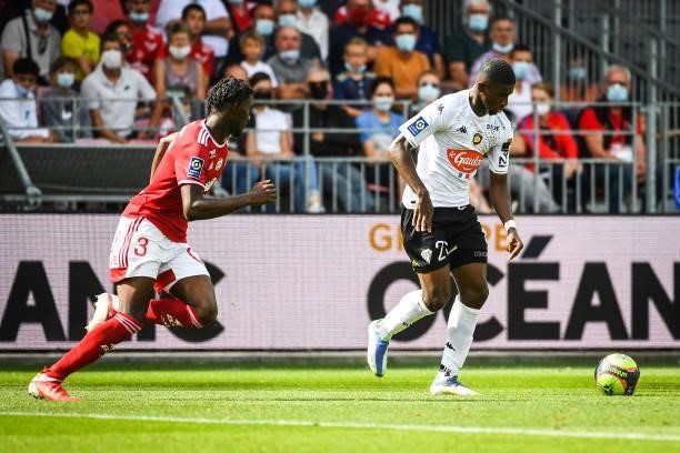 Lilian BRASSIER of Brest and Mohamed-Ali CHO of Angers during the Ligue 1 Uber Eats match between Brest and Angers at Stade Francis Le Ble on...