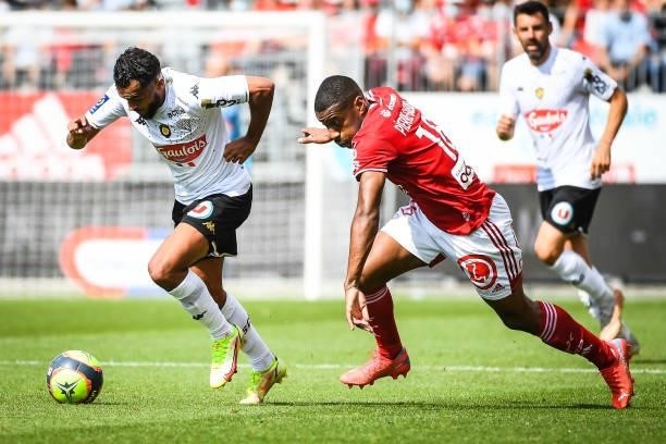 Sofiane BOUFAL of Angers and Ronael PIERRE GABRIEL of Brest during the Ligue 1 Uber Eats match between Brest and Angers at Stade Francis Le Ble on...