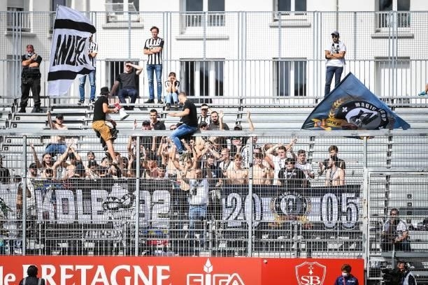 Supporters of Angers during the Ligue 1 Uber Eats match between Brest and Angers at Stade Francis Le Ble on September 12, 2021 in Brest, France.