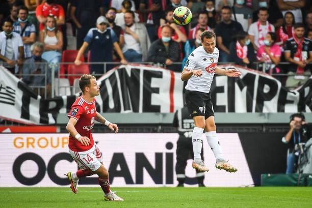 Irvin CARDONA of Brest and Vincent MANCEAU of Angers during the Ligue 1 Uber Eats match between Brest and Angers at Stade Francis Le Ble on September...