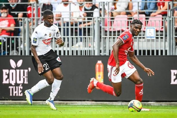 Mohamed-Ali CHO of Angers and Lilian BRASSIER of Brest during the Ligue 1 Uber Eats match between Brest and Angers at Stade Francis Le Ble on...