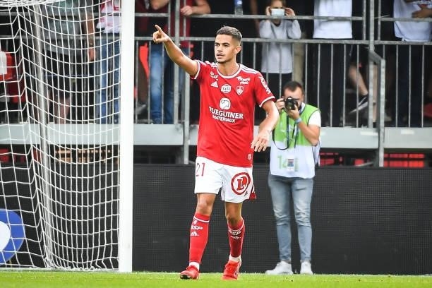 Romain FAIVRE of Brest celebrates his goal during the Ligue 1 Uber Eats match between Brest and Angers at Stade Francis Le Ble on September 12, 2021...