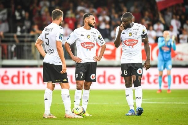 Thomas MANGANI of Angers, Sofiane BOUFAL of Angers and Ismael TRAORE of Angers during the Ligue 1 Uber Eats match between Brest and Angers at Stade...