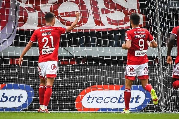 Romain FAIVRE of Brest celebrate his goal with Franck HONORAT of Brest during the Ligue 1 Uber Eats match between Brest and Angers at Stade Francis...