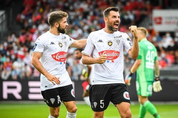 Thomas MANGANI of Angers celebrate his goal with Jimmy CABOT of Angers during the Ligue 1 Uber Eats match between Brest and Angers at Stade Francis...