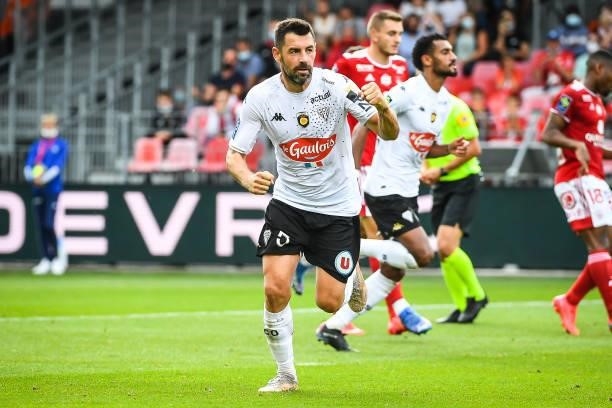 Thomas MANGANI of Angers celebrates his goal during the Ligue 1 Uber Eats match between Brest and Angers at Stade Francis Le Ble on September 12,...
