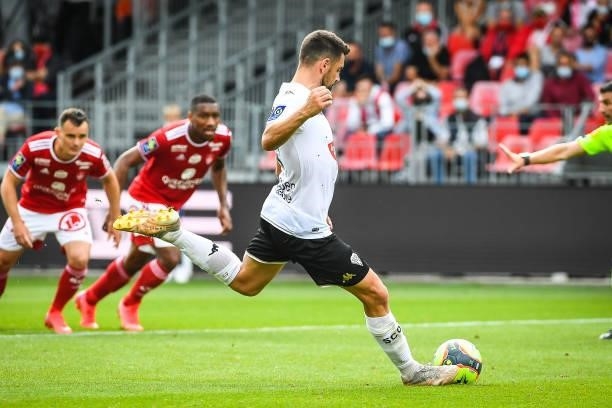 Thomas MANGANI of Angers scores his penalty during the Ligue 1 Uber Eats match between Brest and Angers at Stade Francis Le Ble on September 12, 2021...