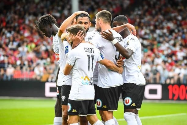 Thomas MANGANI of Angers celebrate his goal with teammates during the Ligue 1 Uber Eats match between Brest and Angers at Stade Francis Le Ble on...