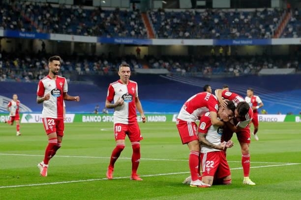Santi Mina of Celta de Vigo celebrates 0-1 during the La Liga Santander match between Real Madrid v Celta de Vigo at the Estadio Santiago Bernabeu on...