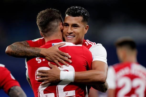 Santi Mina of Celta de Vigo celebrates 0-1 with Jeison Murillo of Celta de Vigo during the La Liga Santander match between Real Madrid v Celta de...