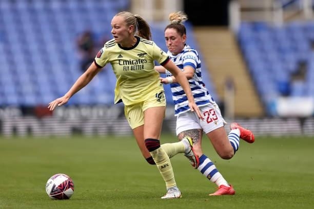 Frida Maanum of Arsenal in action with Rachel Rowe of Reading during the Barclays FA Women's Super League match between Reading Women and Arsenal...
