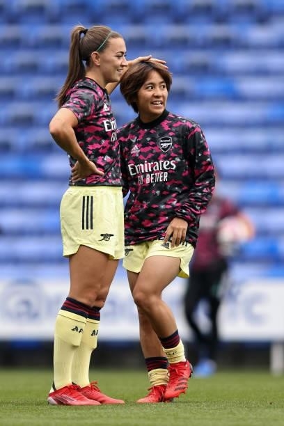Mana Iwabuchi and Katie McCabe of Arsenal during the Barclays FA Women's Super League match between Reading Women and Arsenal Women at Select Car...