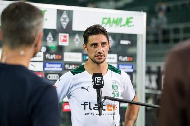 Lars Stindl of Borussia Moenchengladbach is interviewed after the Bundesliga match between Borussia Moenchengladbach and Arminia Bielefeld at...