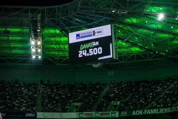 The number of spectators is shown on the videoscreen during the Bundesliga match between Borussia Moenchengladbach and Arminia Bielefeld at...