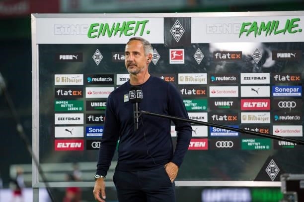 Head Coach Adi Huetter of Borussia Moenchengladbach is interviewed after the Bundesliga match between Borussia Moenchengladbach and Arminia Bielefeld...