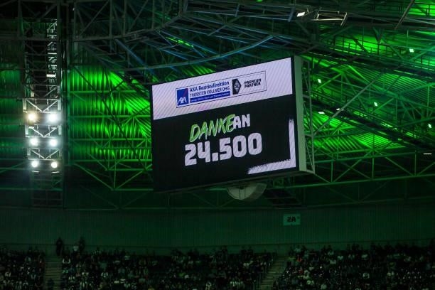 The number of spectators is shown on the videoscreen during the Bundesliga match between Borussia Moenchengladbach and Arminia Bielefeld at...