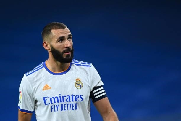 Real Madrid's French forward Karim Benzema looks on during the Spanish League football match between Real Madrid CF and RC Celta de Vigo at the...