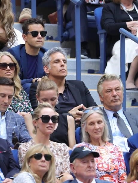 Actors Rami Malek, Ben Stiller and Alec Baldwin watch the match between Serbia's Novak Djokovic and Russia's Daniil Medvedev during their 2021 US...