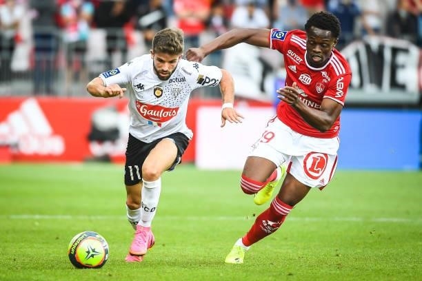 Jimmy CABOT of Angers and Rafiki SAID of Brest during the Ligue 1 Uber Eats match between Brest and Angers at Stade Francis Le Ble on September 12,...