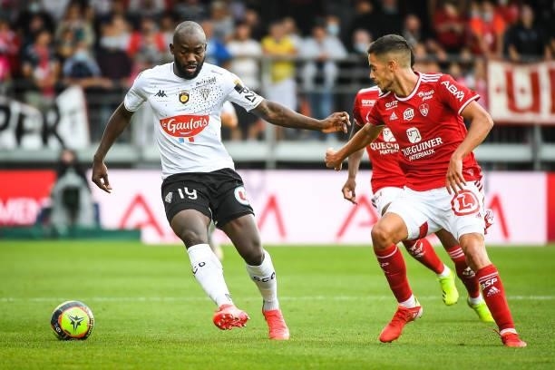 Stephane BAHOKEN of Angers and Romain FAIVRE of Brest during the Ligue 1 Uber Eats match between Brest and Angers at Stade Francis Le Ble on...