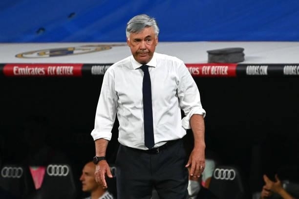 Real Madrid's Italian coach Carlo Ancelotti stands on the sideline during the Spanish League football match between Real Madrid CF and RC Celta de...