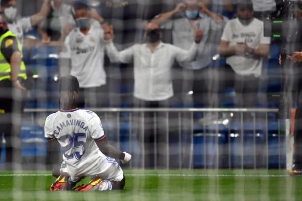 Real Madrid's French midfielder Eduardo Camavinga celebrates scoring his team's fourth goal during the Spanish League football match between Real...