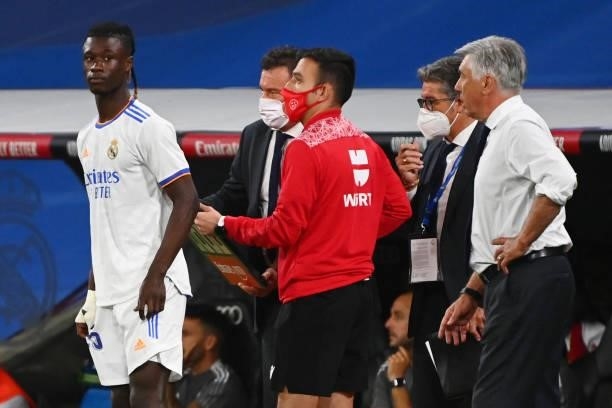 Real Madrid's French midfielder Eduardo Camavinga prepares to take the pitch during the Spanish League football match between Real Madrid CF and RC...