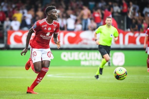 Lucien AGOUME of Brest during the Ligue 1 Uber Eats match between Brest and Angers at Stade Francis Le Ble on September 12, 2021 in Brest, France.